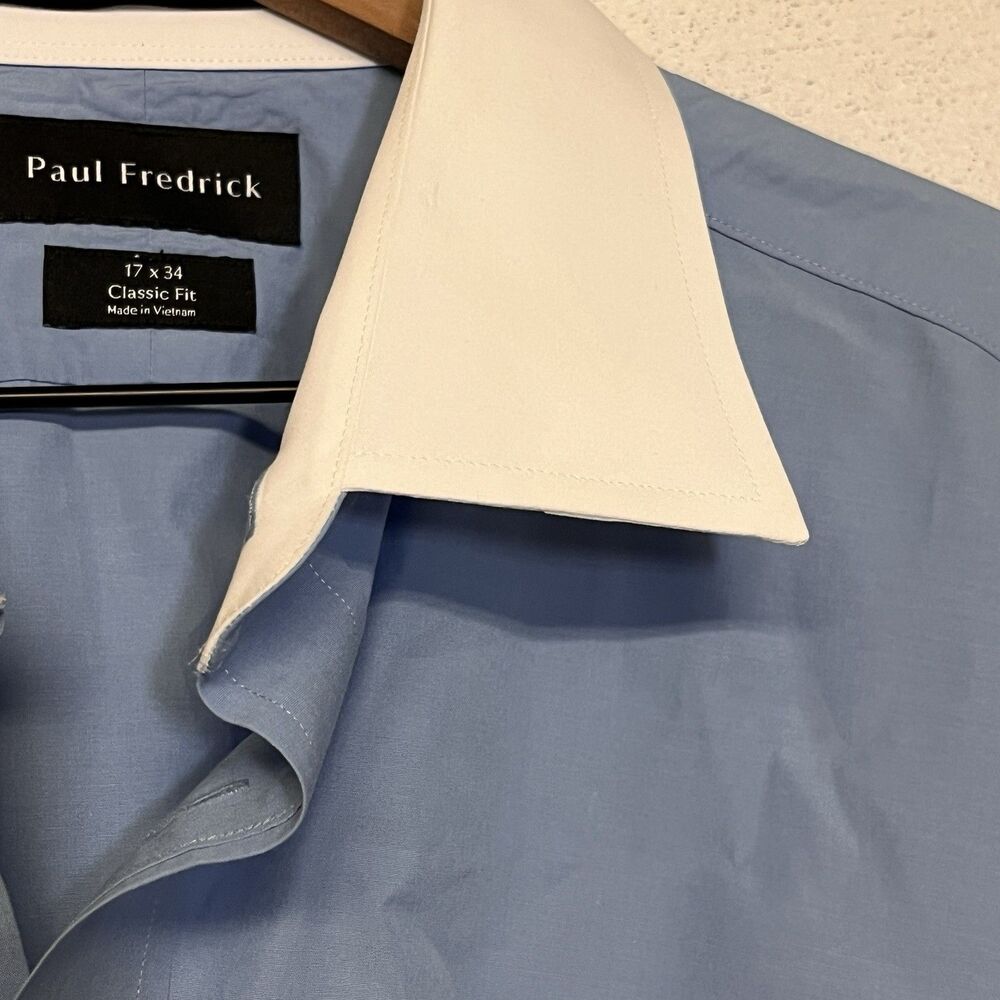 Paul Fredrick Mens Dress Shirt 17-34 Blue Non-Iron Two-Ply Cotton Office Button - Picture 3 of 6